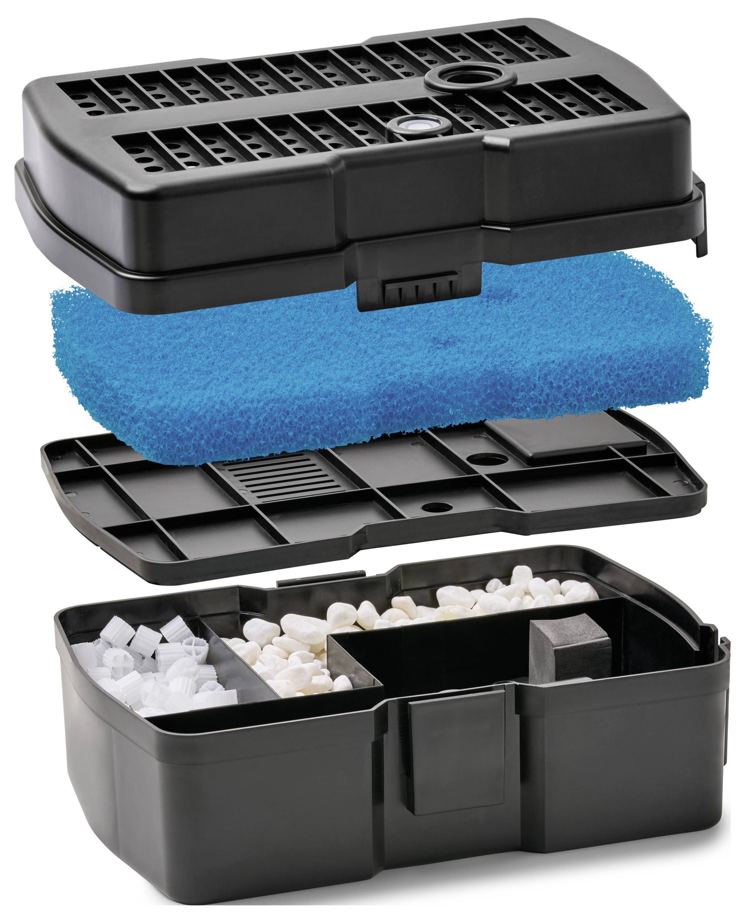 Ontplofte weergave van een zwart rechthoekig filter, met componenten: een deksel met gaten, een blauwe sponslaag, een roosterlade, en een basis gevuld met wit filtermateriaal.