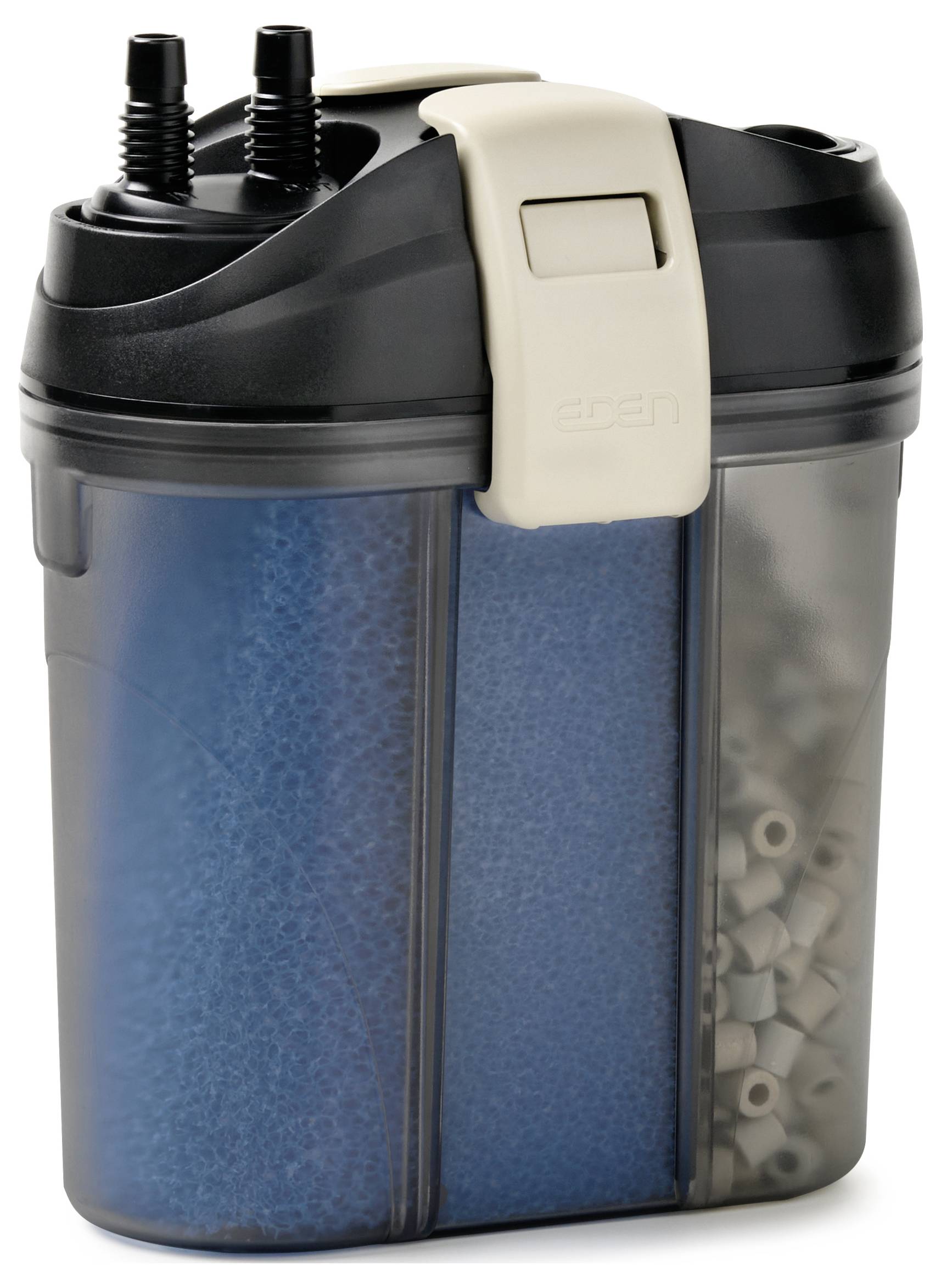Een kleine aquariumfilter met zichtbare interne componenten, waaronder blauw schuim en witte keramische ringen, met een zwart deksel en twee uitlaatbuizen bovenop.