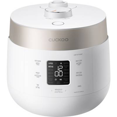 Compactere, modernere snelkookpan met digitale display- en bedieningsknoppen bovenaan. 'Cuckoo' markering aan de voorkant.