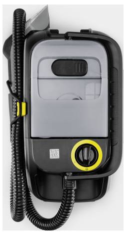 Stoomreiniger met een zwart behuizing, gele schakelaar en een transparante waterreservoir, op een witte achtergrond.