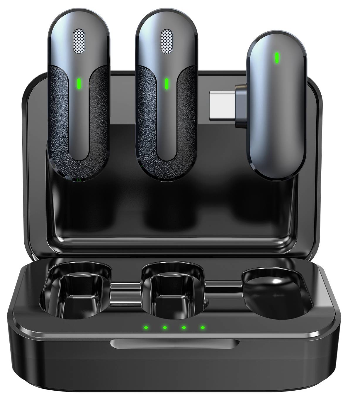 Draagbare oplader met geopend deksel, toont drie batterijgevoede apparaten met opgeladen status, groene indicatielampjes voor laadstatus.