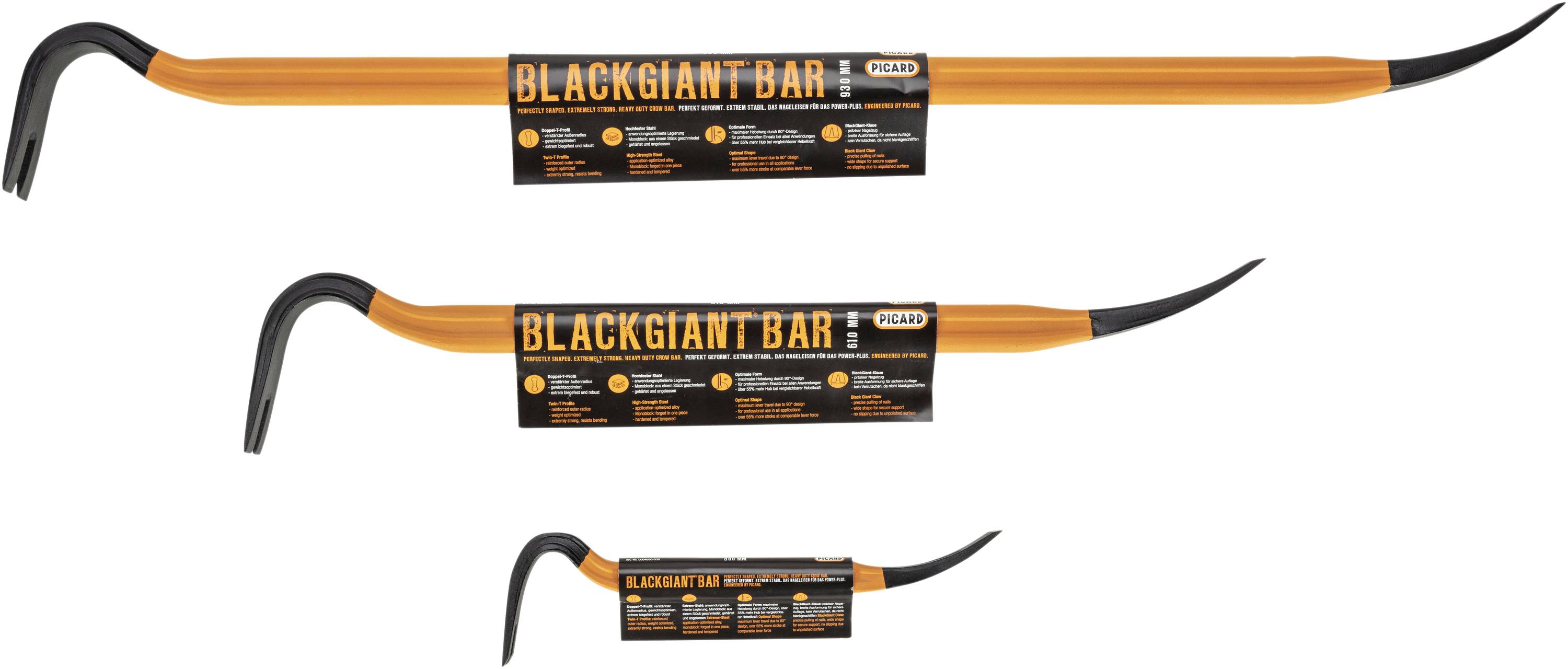 Drie oranje koevoeten met etiketten van het merk 'Black Giant Bar'. Verschillende lengtes, robuust ontwerp voor zwaar werk.
