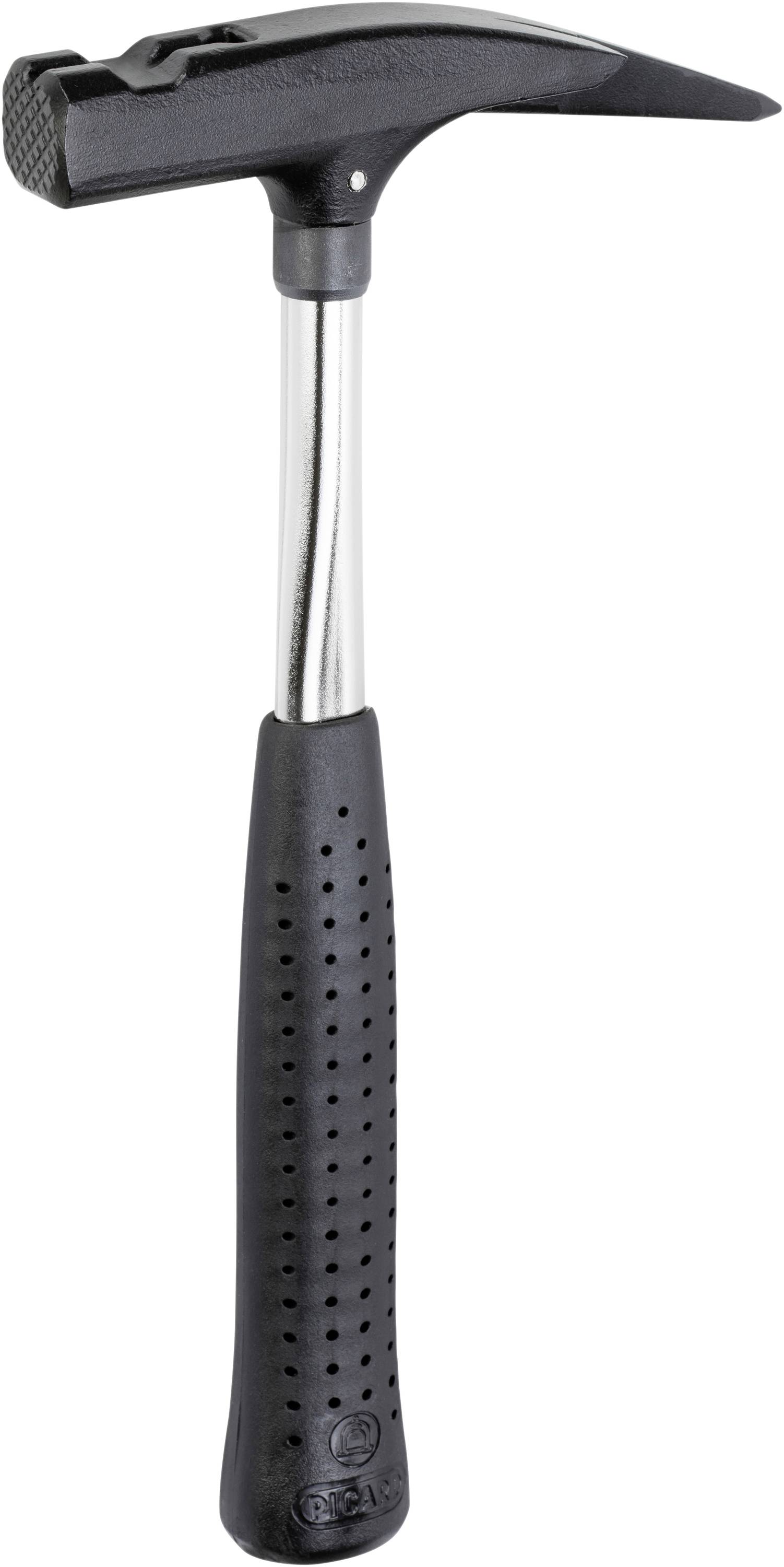 Een zwarte hamer met een gewatteerde greep en een gebogen nageltrekker aan het uiteinde van de kop. Geschikt voor bouwwerkzaamheden.