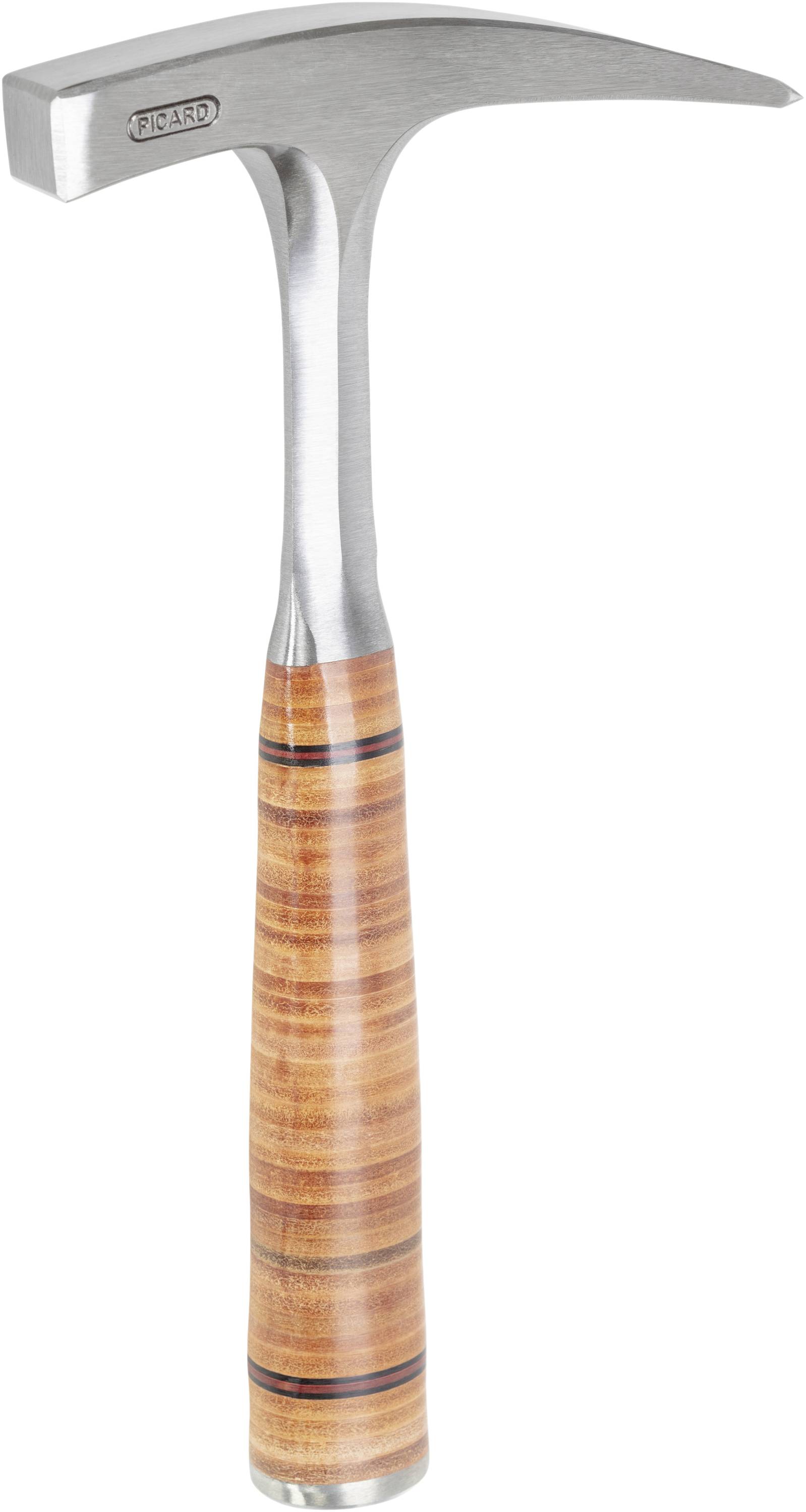 Een geologische hamer met een lange punt en een platte slagkop. De steel is gemaakt van gepolijst hout met donkere strepen.