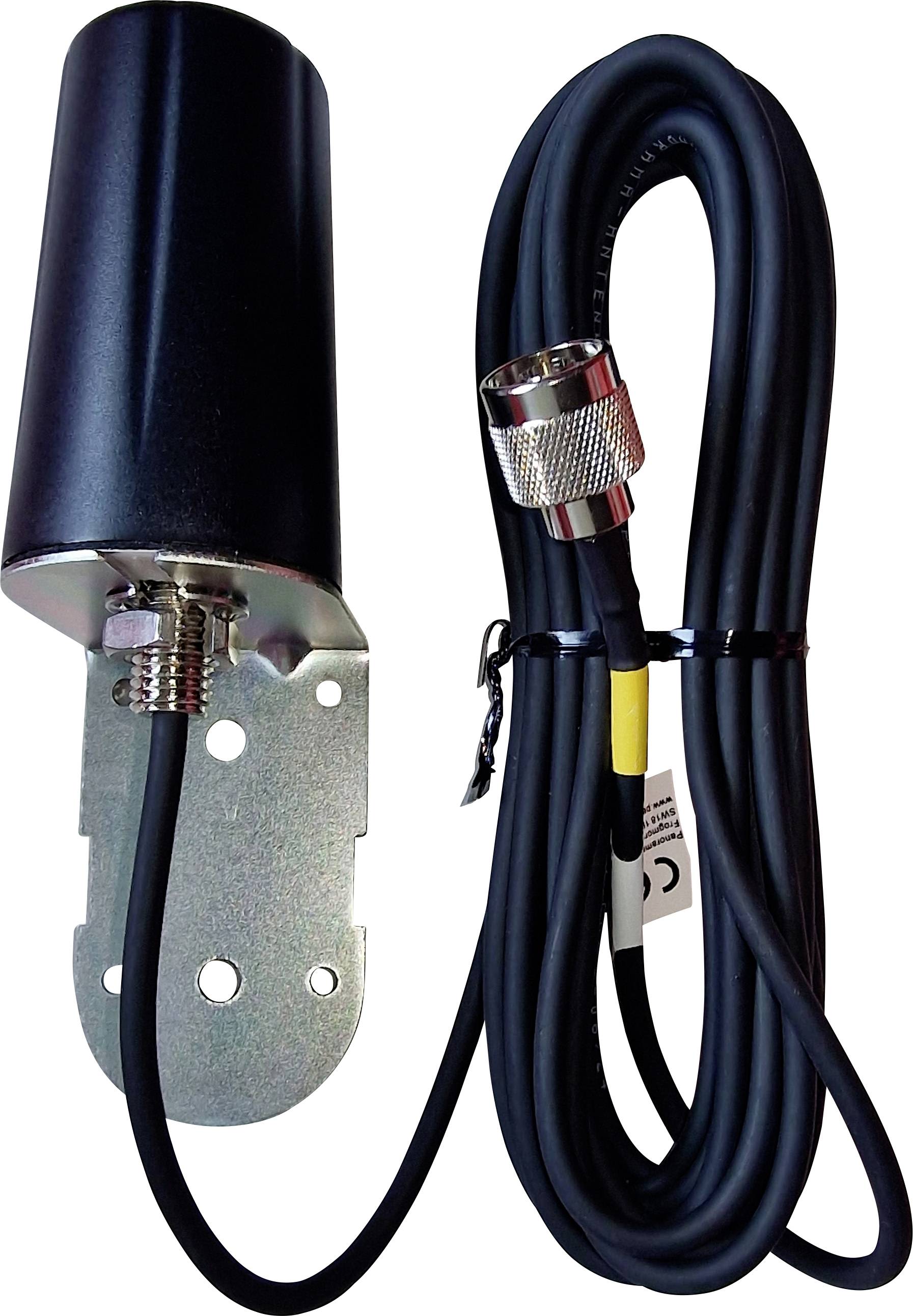 'Zwarte antenne met metalen bevestiging en lang kabel, geschikt voor communicatieapparatuur.'