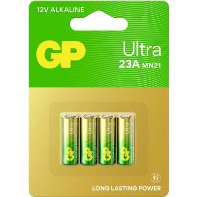 Verpakking met vier GP Ultra Alkaline 23A MN21 batterijen. Tekst luidt '12V Alkaline' en 'Langdurige Kracht'.