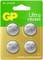 Een blisterkaart met vier GP Ultra CR2450 lithiumbatterijen van 3V, geel-groen en goud gekleurd, met opdruk 'Longer Lasting Power'.