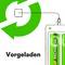 'Voorgeladen' Tekst met grafiek van een groene batterij en een pijl die wijst naar een gedeeltelijk opgeladen batterij, symboliseert energie-efficiënte oplossingen.