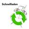 Een wekker met een groen recyclingsymbool erboven, naast het woord 'Snel opladen', symboliseert snel laden of recycling.