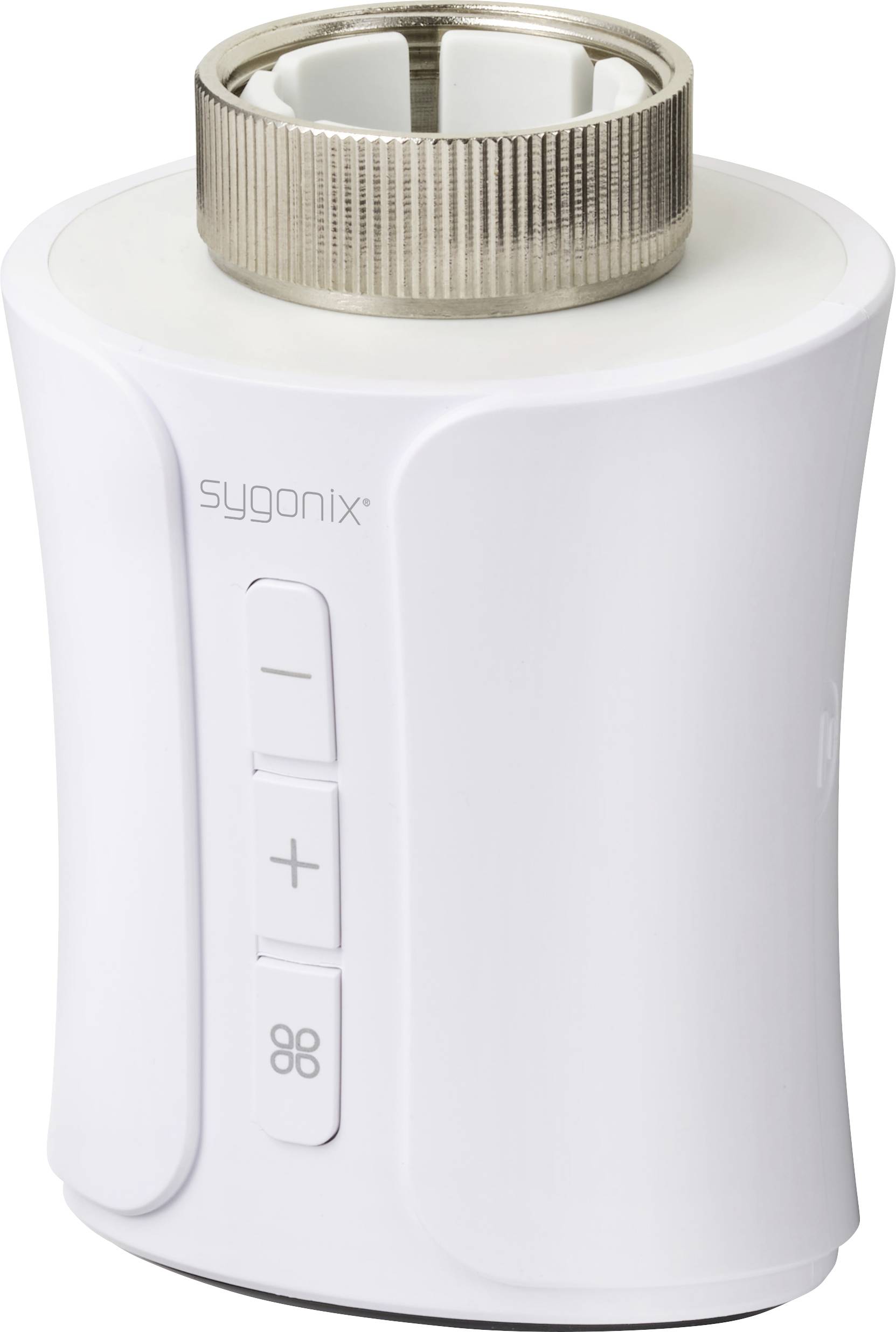 Een wit, cilindrisch radiatorthermostaat met een zilveren draaiknop bovenaan. Drie knoppen aan de zijkant voor het instellen van de temperatuur.