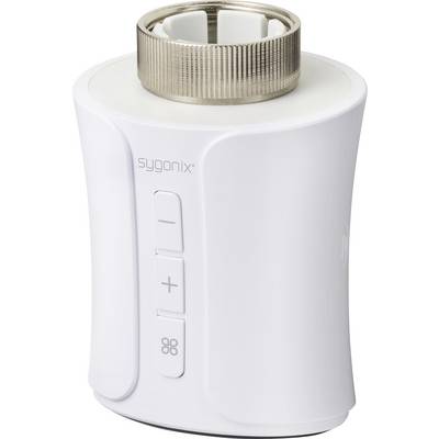 Een wit, cilindrisch radiatorthermostaat met een zilveren draaiknop bovenaan. Drie knoppen aan de zijkant voor het instellen van de temperatuur.