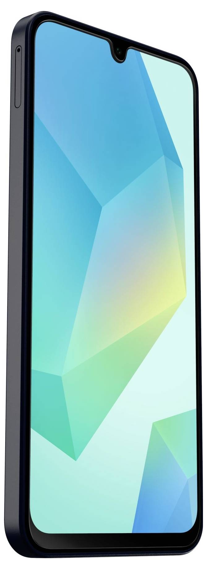 Een modern smartphone met een groot scherm wordt zijdelings getoond, met een helder geometrisch patroon zichtbaar op het scherm.