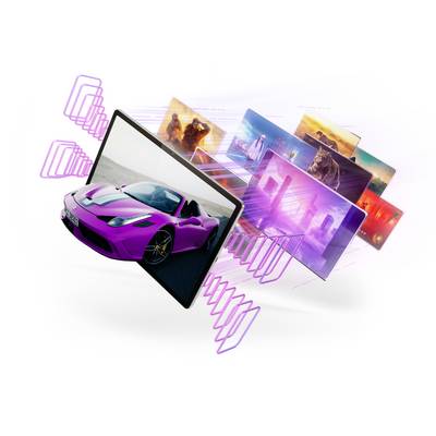 Verschillende kleurrijke afbeeldingen en een roze auto lijken uit een tablet-scherm te verschijnen, waarbij digitale media worden uitgebeeld.