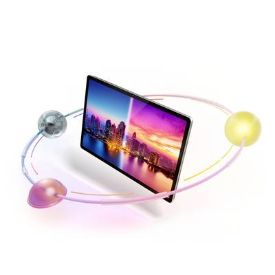 Een tablet met een stadsaanzicht op het scherm. Drie kleurrijke, oplichtende bollen cirkelen rond het tablet en symboliseren verbondenheid.