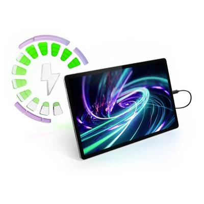 Een tablet wordt opgeladen, gesymboliseerd door een oplaadkabel en een groene energiemeter. Op de achtergrond kleurrijke lichtcirkels.