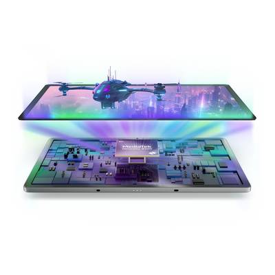 'Twee tablets, de bovenste toont een futuristische stad met drone, de onderste toont een MediaTek-chip met digitale schakeling.'