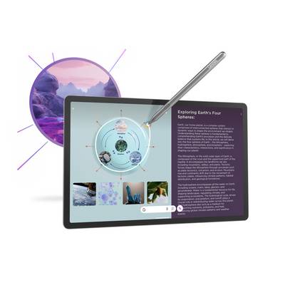 'E-learning-tablet toont interactieve module over de vier sferen van de aarde: Lithosfeer, Hydrosfeer, Atmosfeer, Biosfeer.'