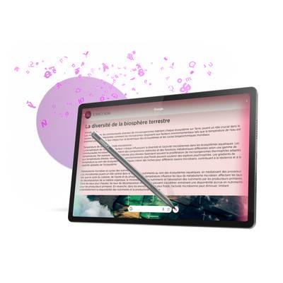 Een tablet met een stylus toont een artikel met de titel 'De diversiteit van de aardse biosfeer'. Op de achtergrond zweven letters en cijfers.