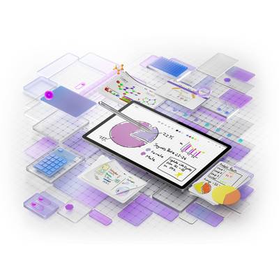 Digitaal leerconceptie met tablet dat diagrammen en grafieken weergeeft, omringd door holografische elementen en formules.