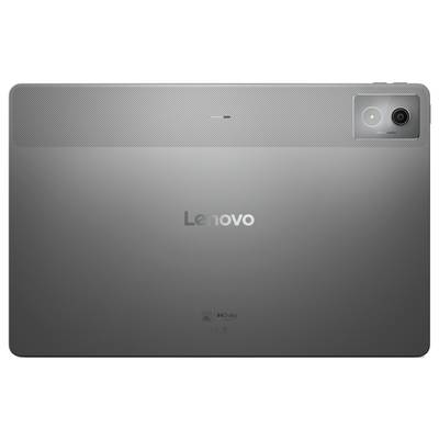 Een Lenovo-tablet met een grijze achterkant en een geïntegreerde camera rechtsboven.