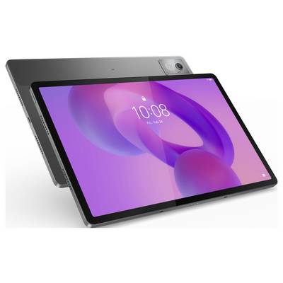 Een modern tablet met een groot display, waarop de tijd '10:08' wordt weergegeven. Het scherm toont een abstract achtergrondontwerp in violet-roze tinten.