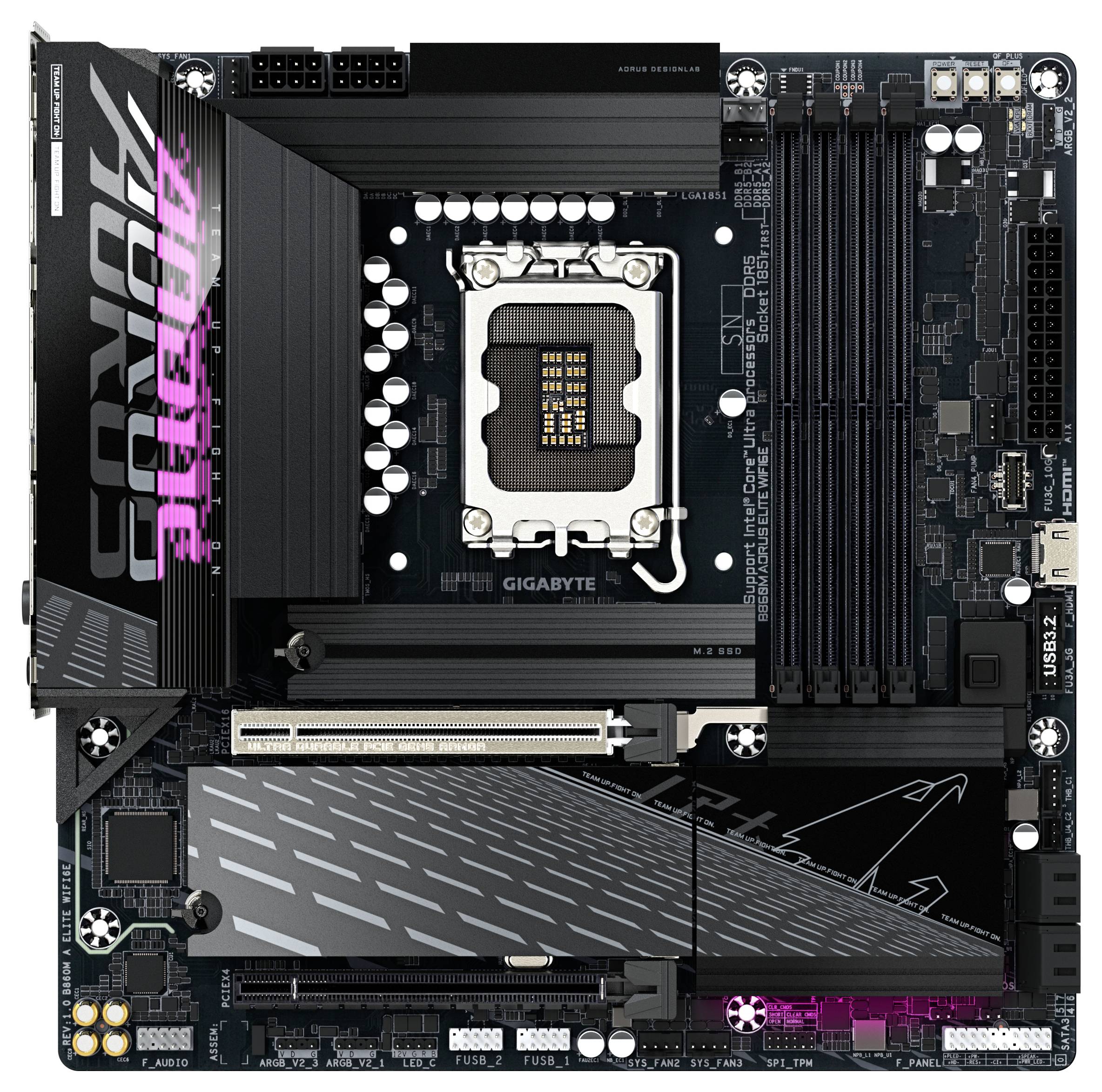 'AORUS' moederbord met meerdere RAM-sleuven, CPU-socket en PCIe-sleuven; geschikt voor high-performance computerbouwsels.