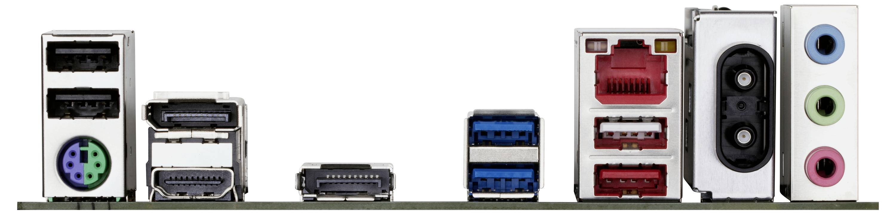 Verschillende computerpoorten en aansluitingen, waaronder USB, HDMI, Ethernet en audio-aansluitingen, zijn op een rij gezet aan de achterkant van een moederbord.
