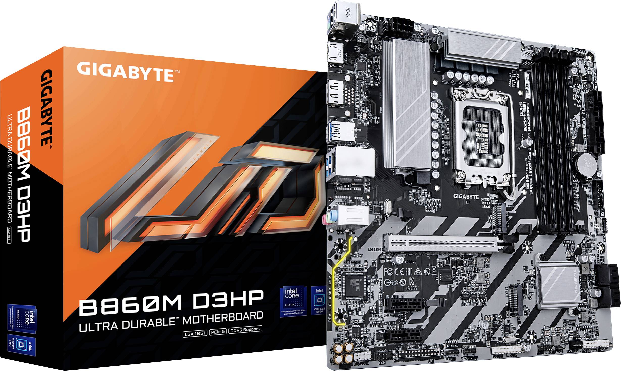 Een zwarte en zilveren Gigabyte B660M D3HP moederbord met verschillende aansluitingen en sleuven wordt getoond naast de oranje retailverpakking.