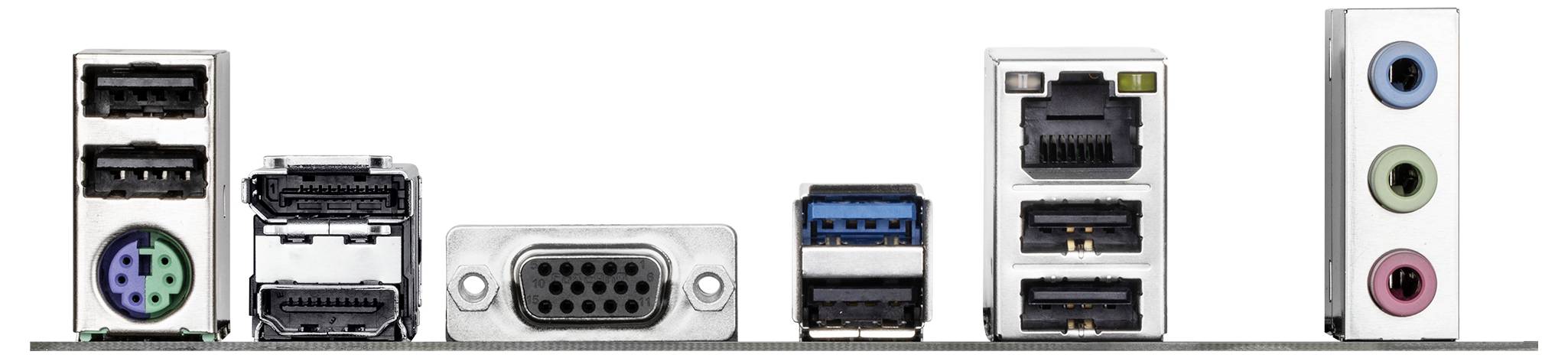 Achterpaneel van een computer met verschillende poorten: PS/2, HDMI, VGA, USB, Ethernet en audio-aansluitingen voor het aansluiten van randapparatuur.
