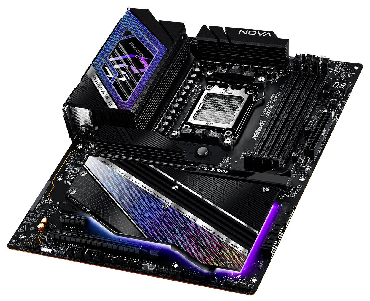 Een computermoederbord met ASRock H670E Taichi, voorzien van een LGA-aansluiting, meerdere RAM-sleuven, PCIe-sleuven en RGB-verlichtingsaccenten.