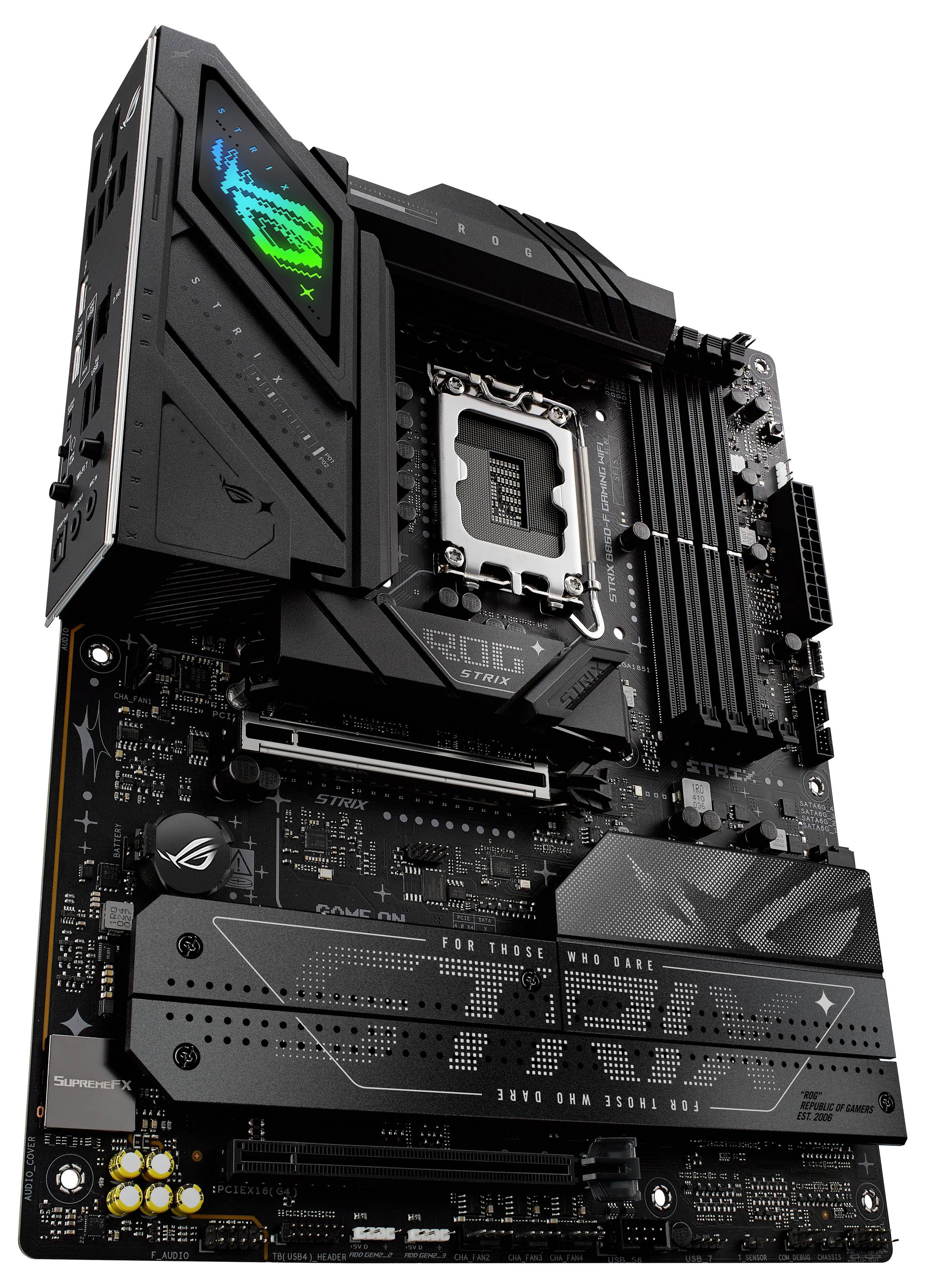 Een zwarte computermoederbord met meerdere sleuven, een CPU-socket en RGB-verlichting, ontworpen voor gaming en geavanceerde verwerkingstaken.