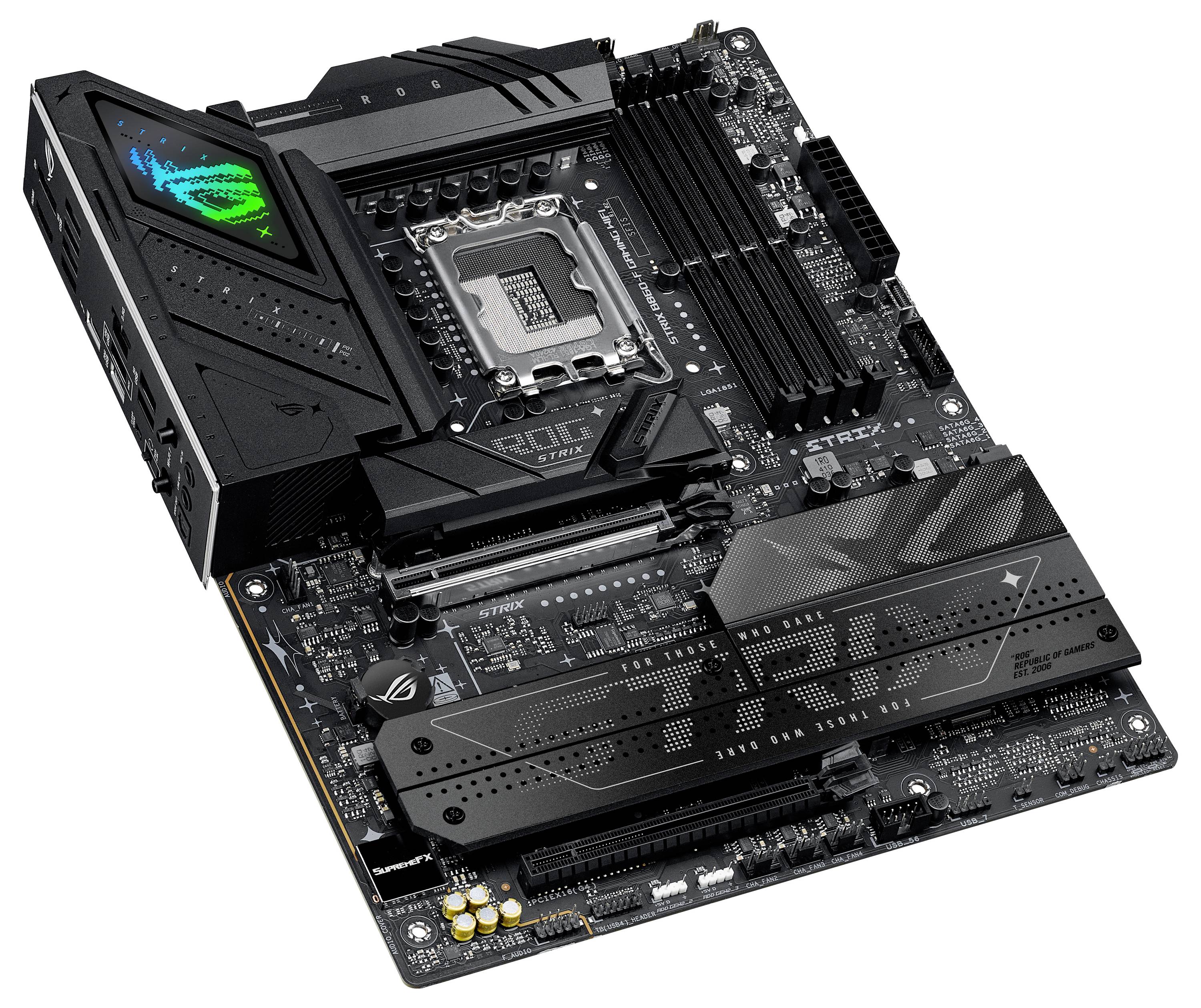 Een zwarte computermoederbord met geraffineerde circuits, sleuven voor RAM-sticks, een CPU-socket, en verschillende aansluitpoorten en warmteafvoerplaten.
