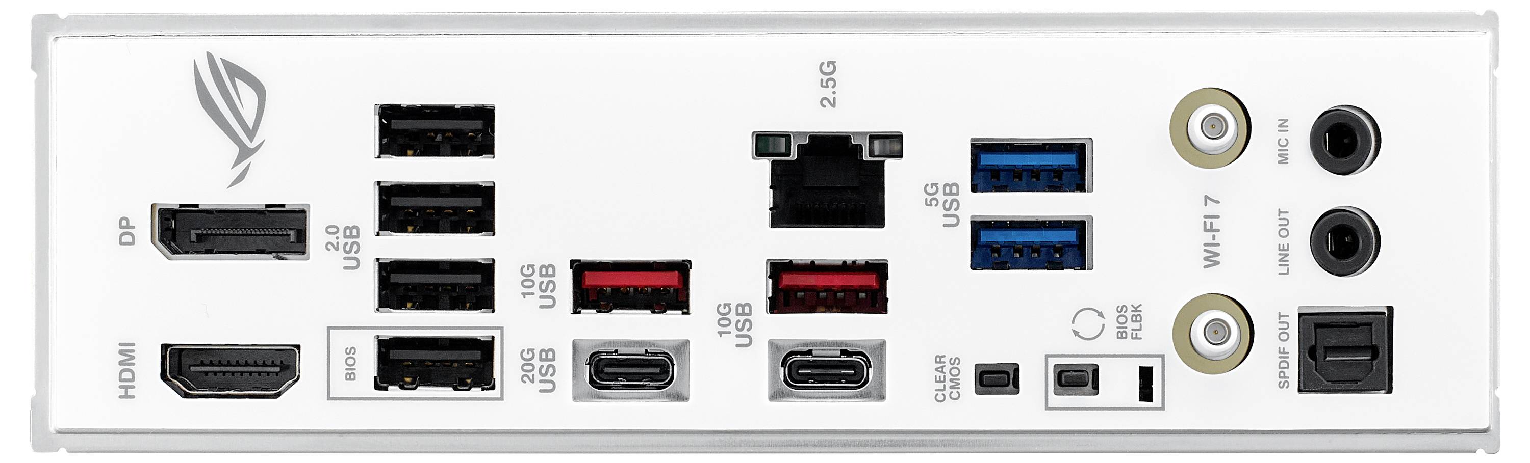 Achterpaneel van een computermoederbord met verschillende poorten waaronder HDMI, USB 3.0, USB 2.0, USB-C, Ethernet en audio-aansluitingen.