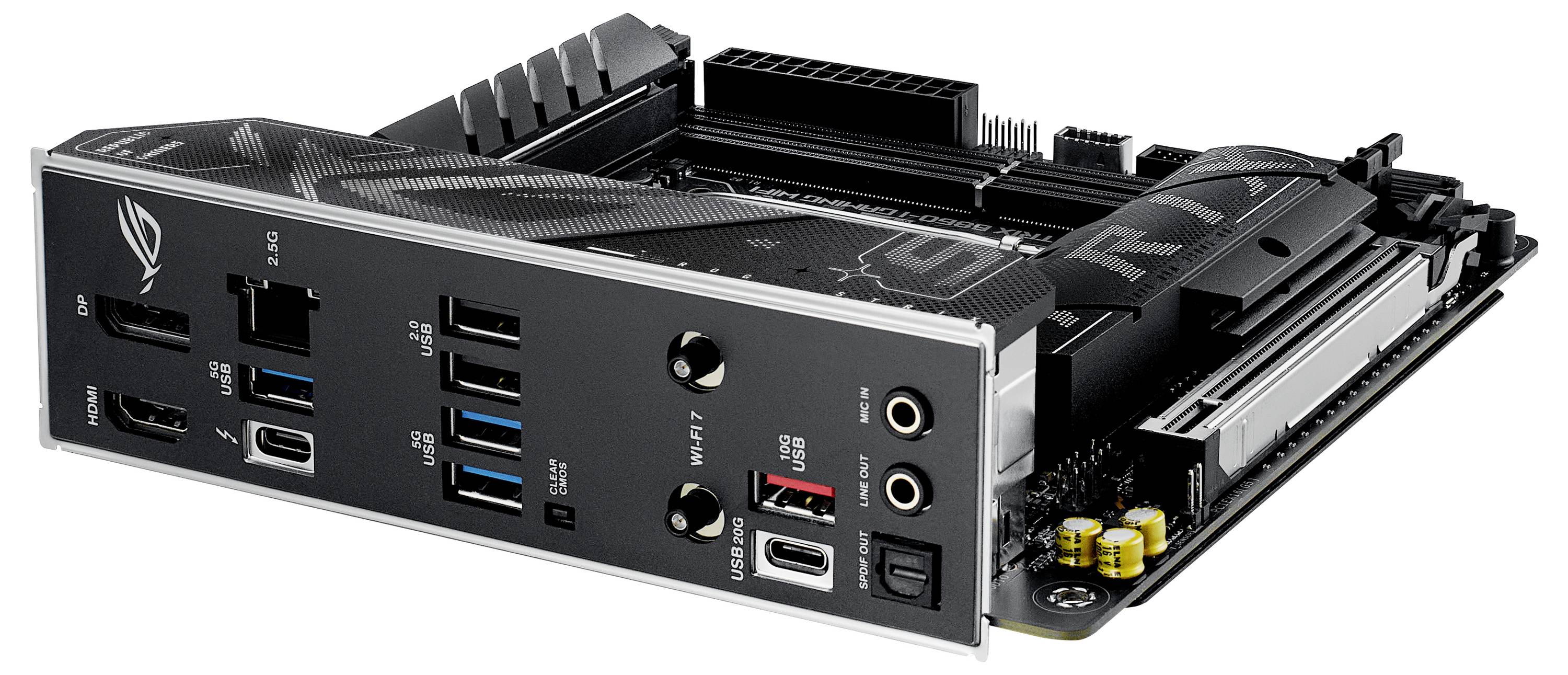 Een zwart computermoederbord met verschillende poorten zoals USB, HDMI en audio-ingangen, waarbij warmteafvoerplaten zichtbaar zijn aan de bovenkant.