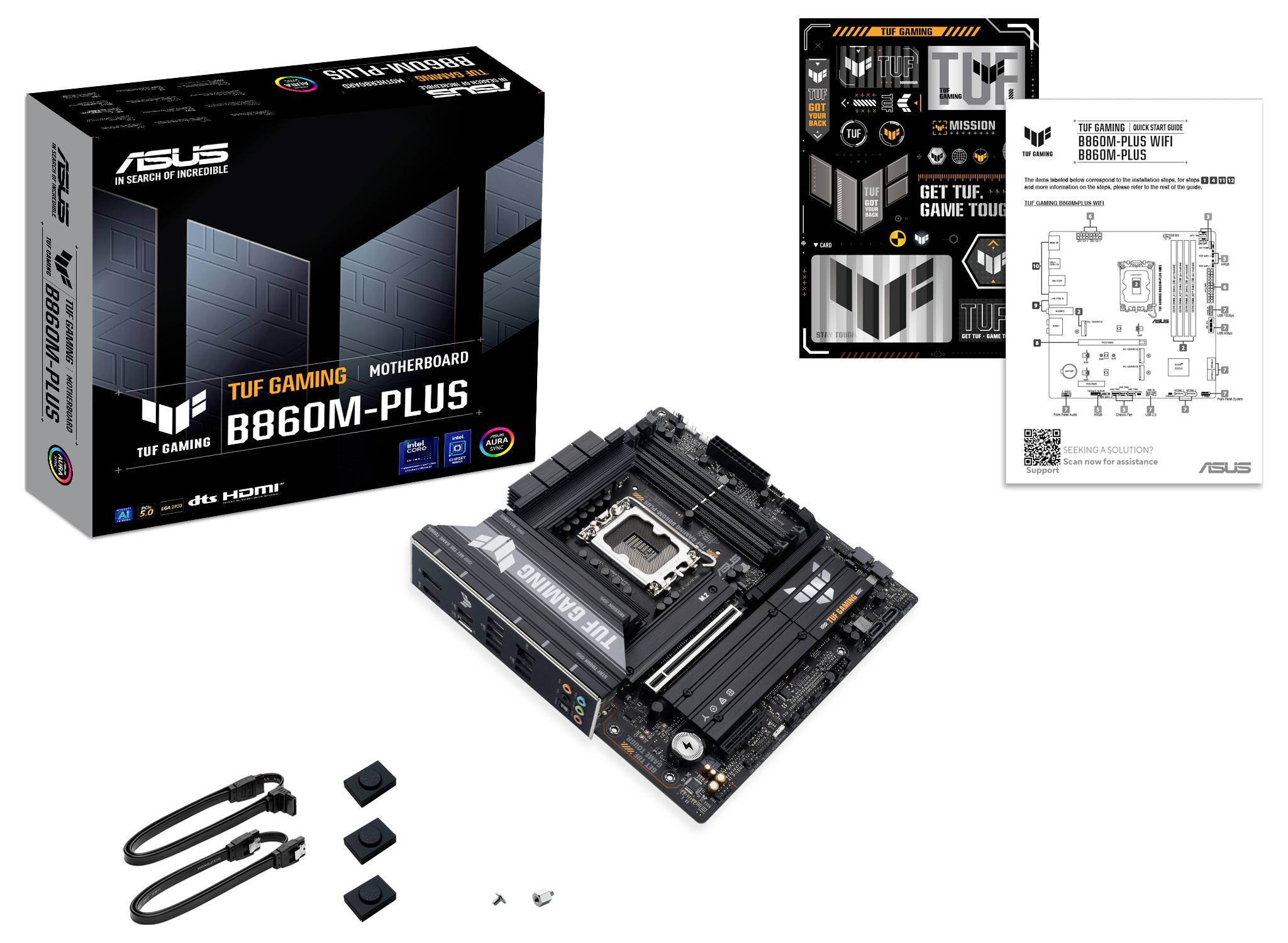 ASUS TUF Gaming B660M-PLUS moederbord set met doos, instructiebladen, kabels en schroeven, waarbij de componenten en indeling worden benadrukt.