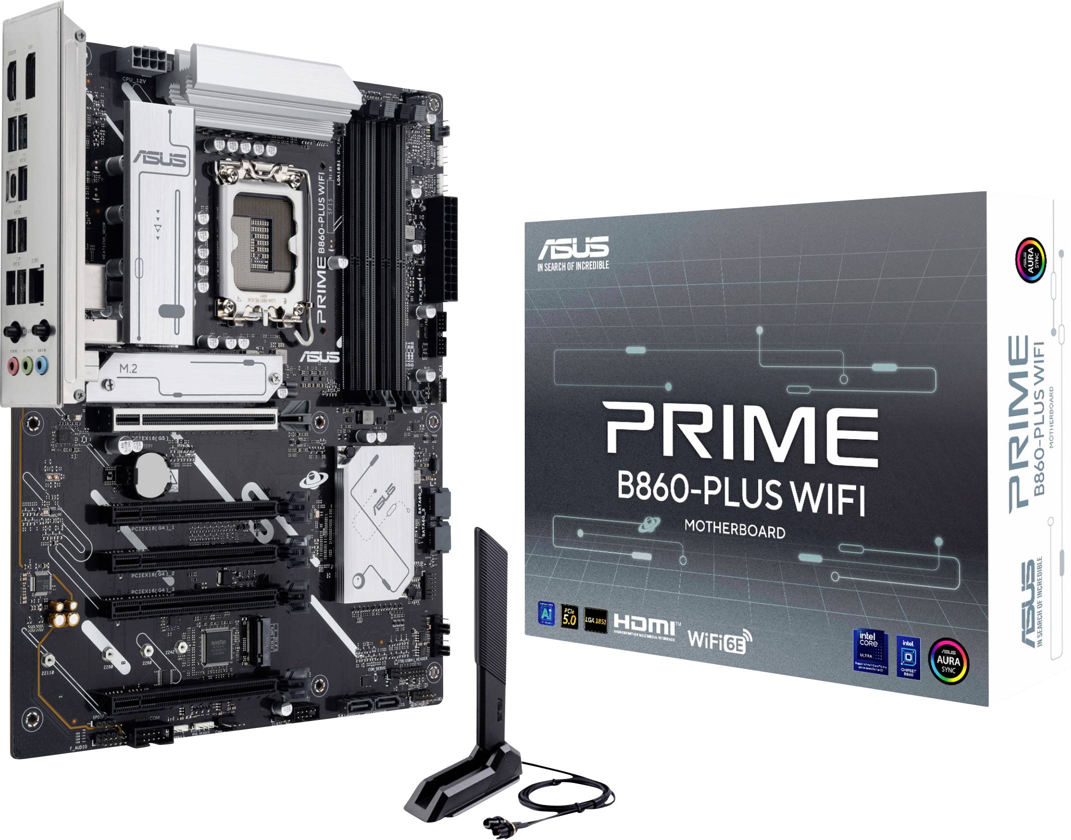 ASUS Prime B860-Plus WiFi moederbord met aansluiting voor Intel-processors, PCIe-sleuven, verschillende poorten; inclusief antenne en doos.