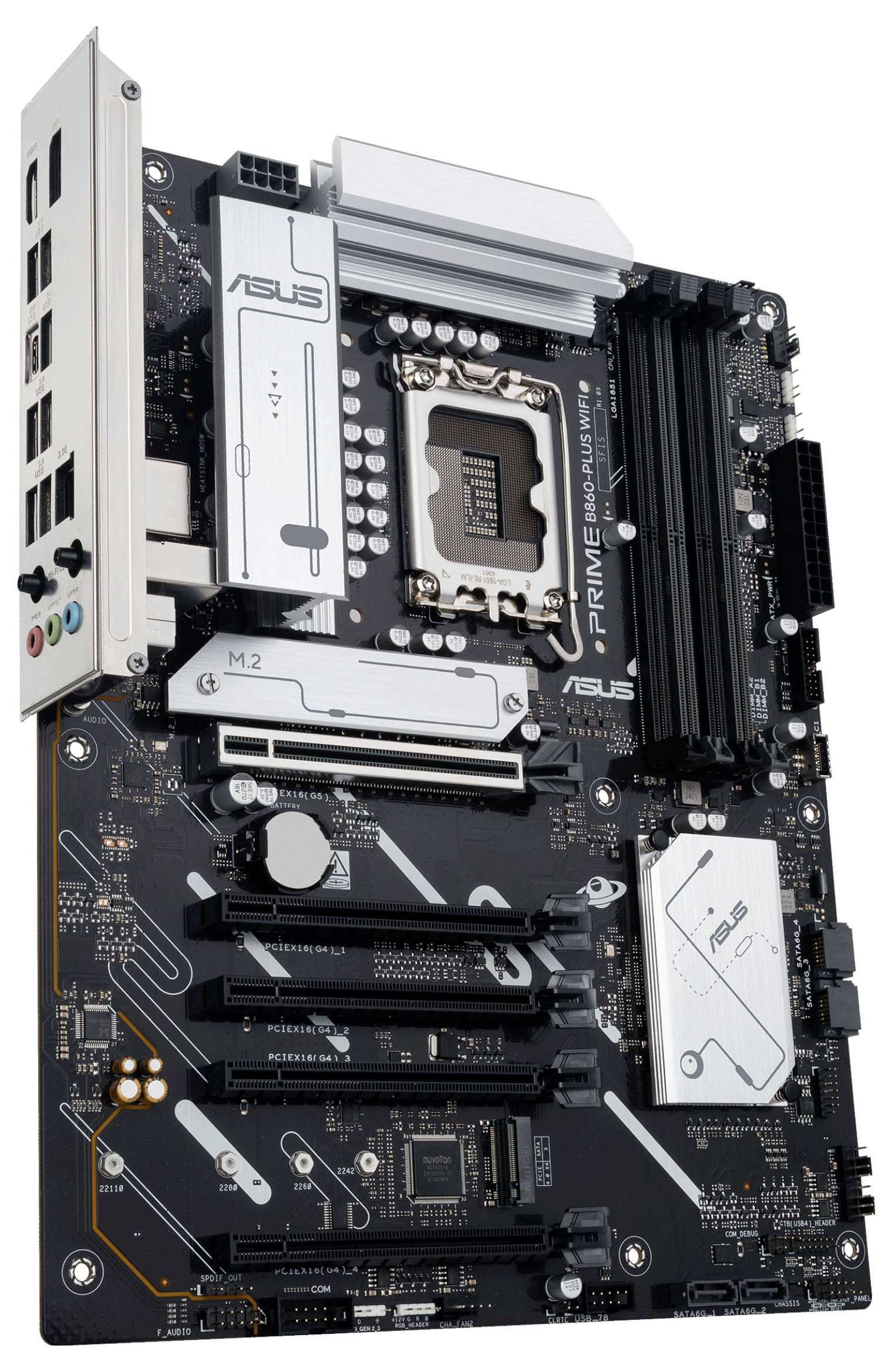 ASUS PRIME B660-PLUS D4 moederbord, met Intel-socket, PCIe-sleuven, RAM-sleuven en heatsinks voor het bouwen of upgraden van een computer.