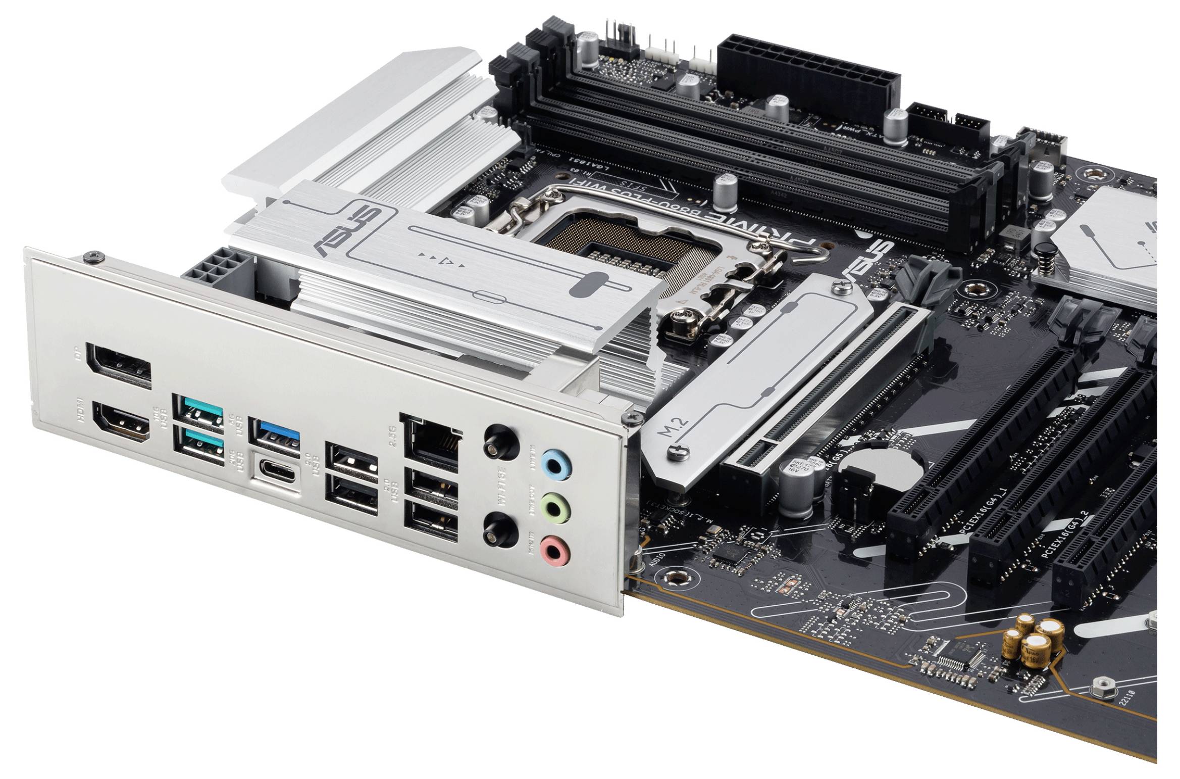 'Een computermoederbord met verschillende poorten zoals USB, HDMI en audio-aansluitingen. Het bord heeft sleuven voor RAM en een CPU-socket.'