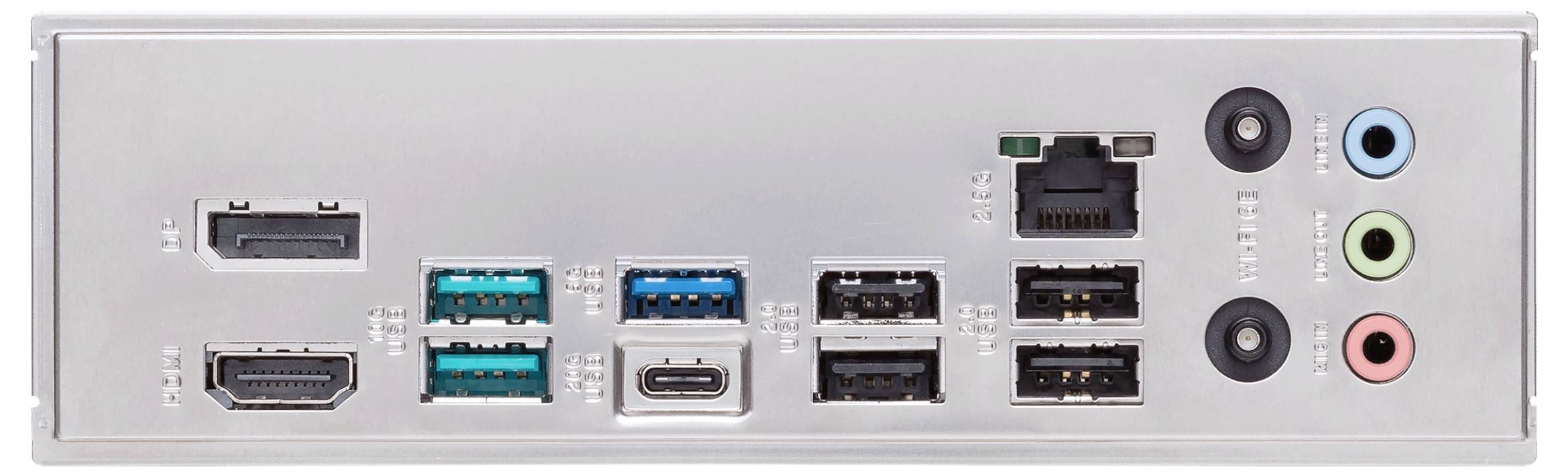 Achterpaneel van een computermoederbord met verschillende poorten: HDMI, USB, Ethernet, audio-aansluitingen.
