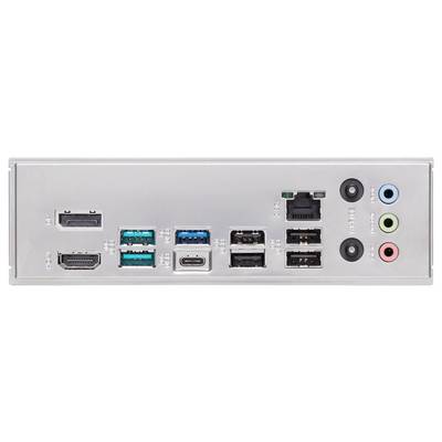 Achterpaneel van een computermoederbord met verschillende poorten: HDMI, USB, Ethernet, audio-aansluitingen.