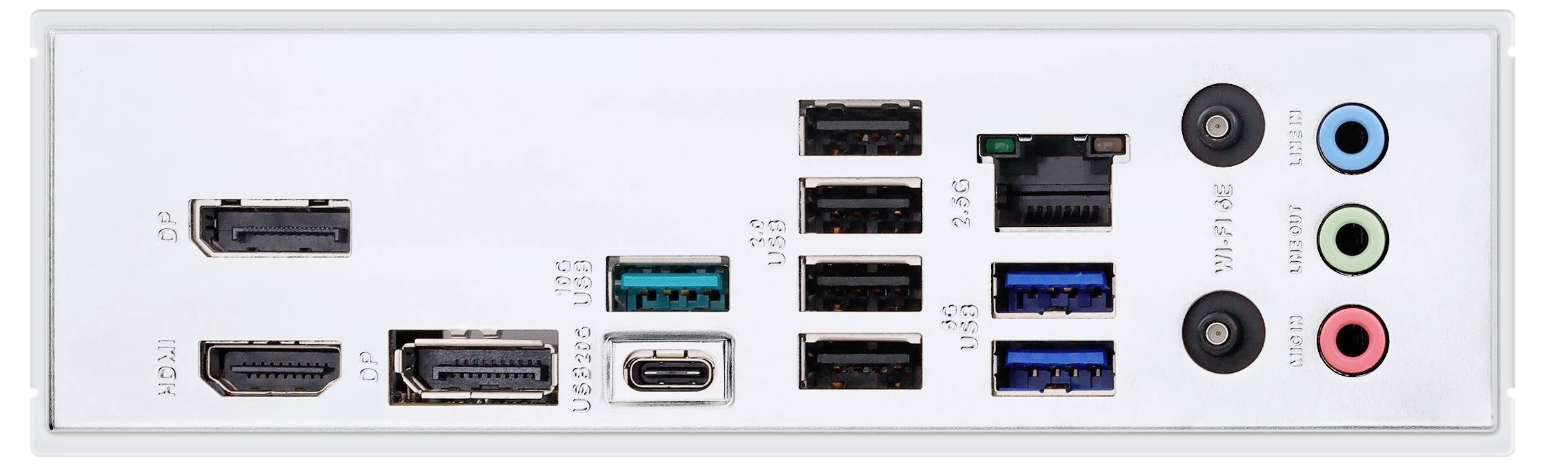 Achterpaneel van een moederbord met verschillende poorten: twee HDMI-poorten, DP, USB-C, meerdere USB-A-poorten, ethernet en audiojacks.