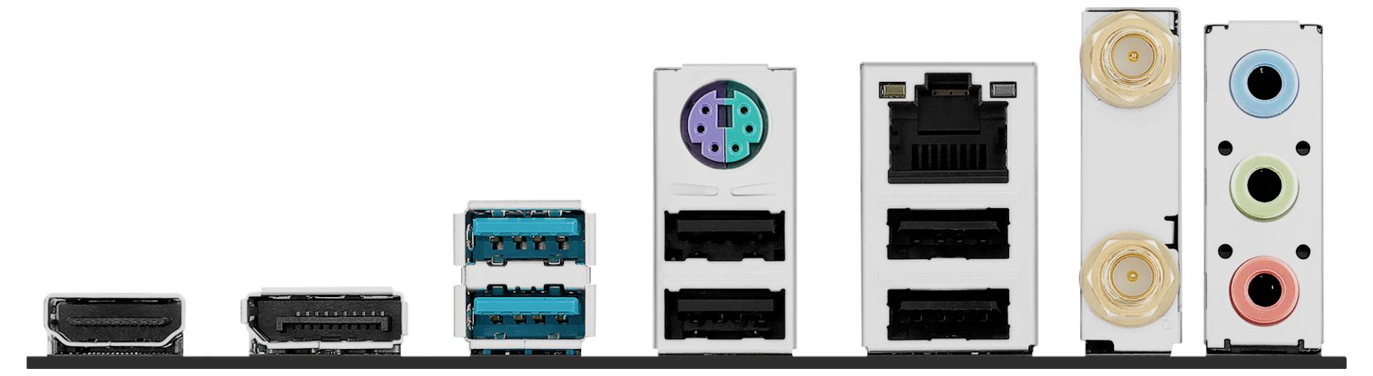 Verschillende computerpoorten en aansluitingen, waaronder HDMI, USB, PS/2, Ethernet, coaxiaal en audioaansluitingen, op een rij gerangschikt.