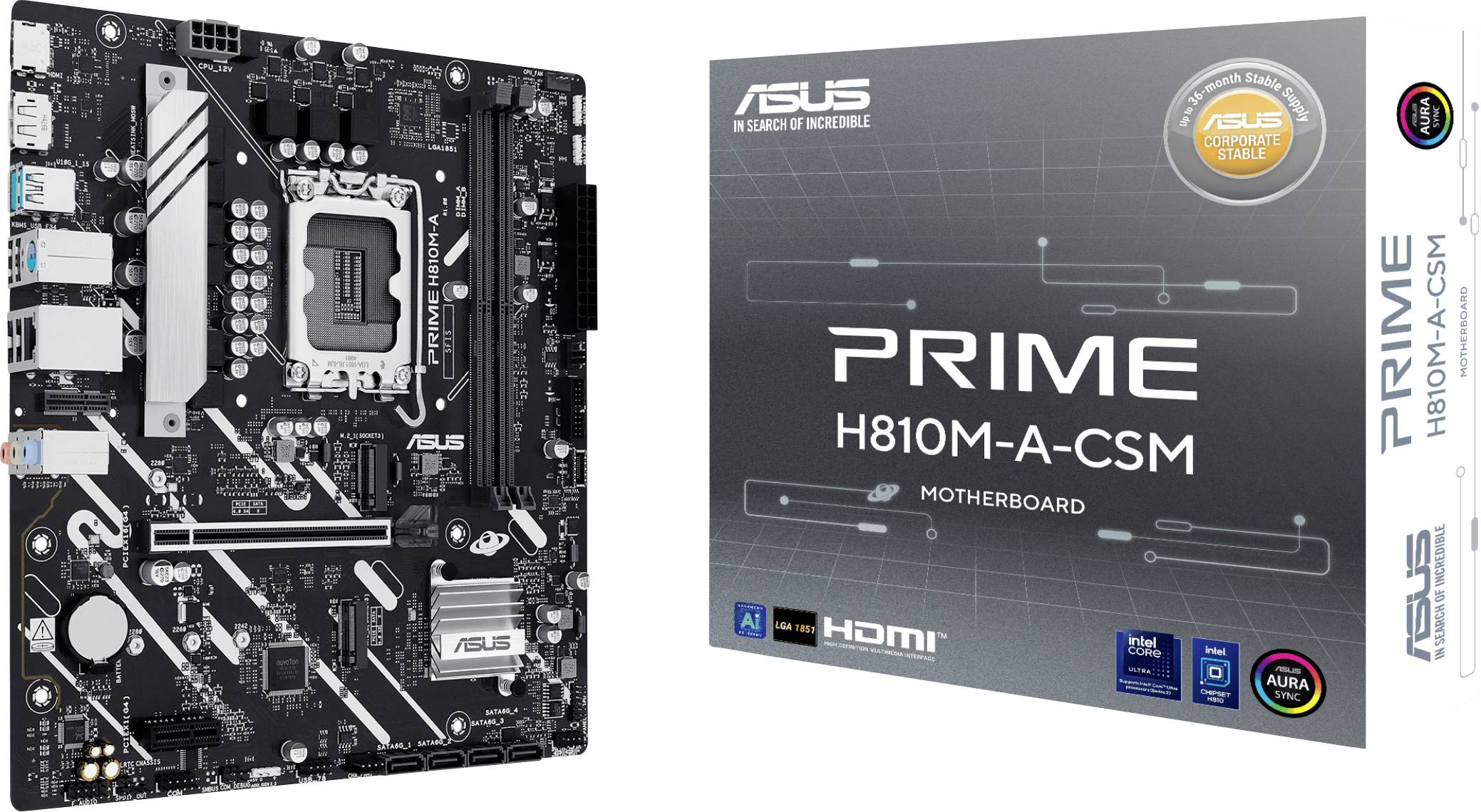 ASUS Prime H810M-A-CSM moederbord en de bijbehorende verpakking. Het moederbord beschikt over verschillende poorten en circuits, ontworpen voor computerassemblage.
