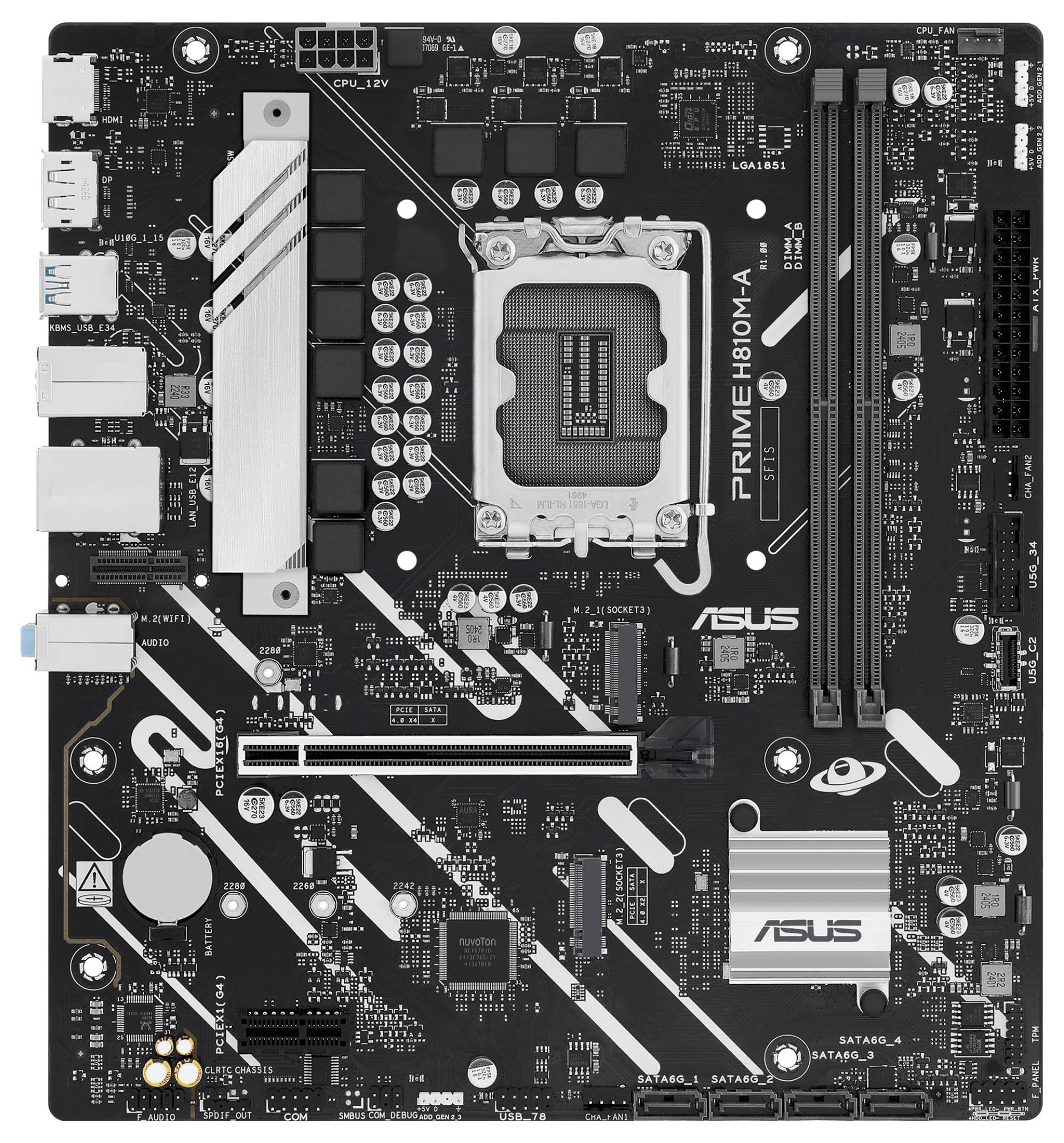 Een moederbord gelabeld 'PRIME H610M-A' met verschillende componenten en aansluitingen zoals RAM-sleuven, CPU-socket en PCIe-sleuven voor computerassemblage.