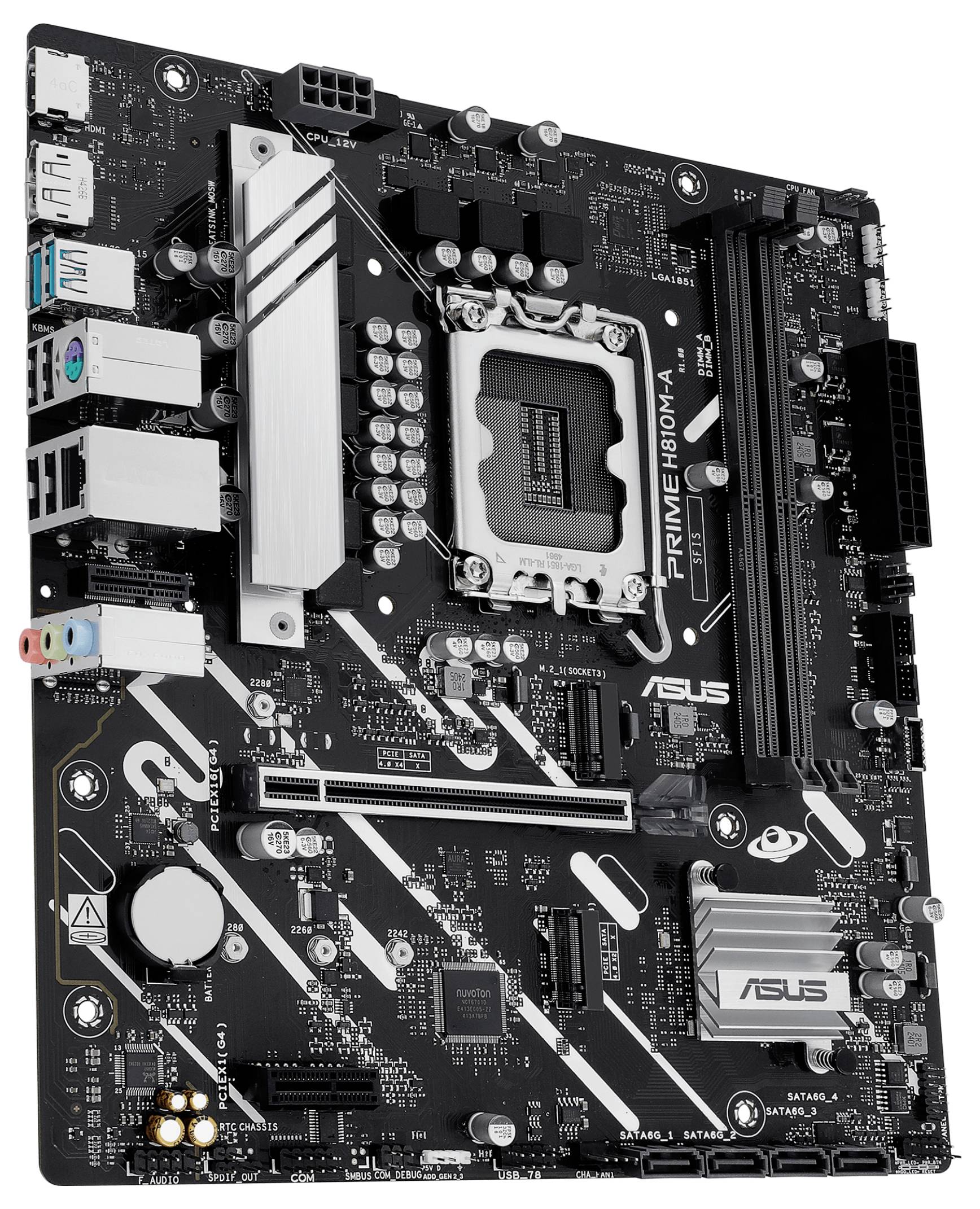 Een zwarte en zilveren computer moederbord met meerdere sleuven, poorten en chipsets, gelabeld als 'PRIME H610M-A' van ASUS.