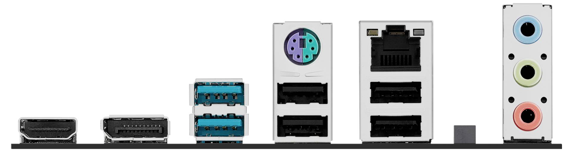 Een achteraanzicht van de input/output-poorten van een computermoederbord, inclusief HDMI, DisplayPort, USB, PS/2, Ethernet en audiojacks.