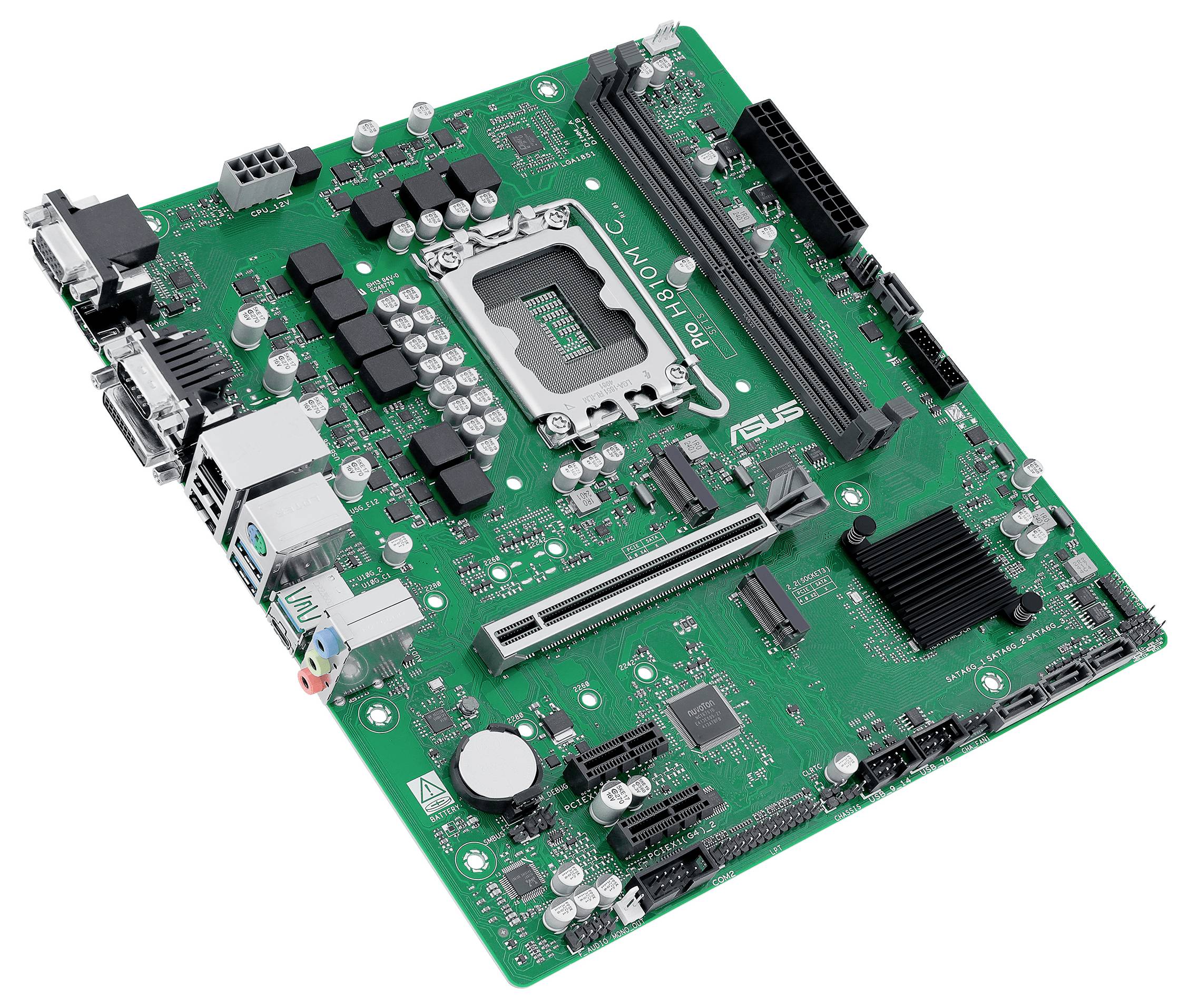 Een groene computermoederbord met verschillende elektronische componenten, waaronder sleuven voor RAM, een CPU-aansluiting, poorten en aansluitingen.