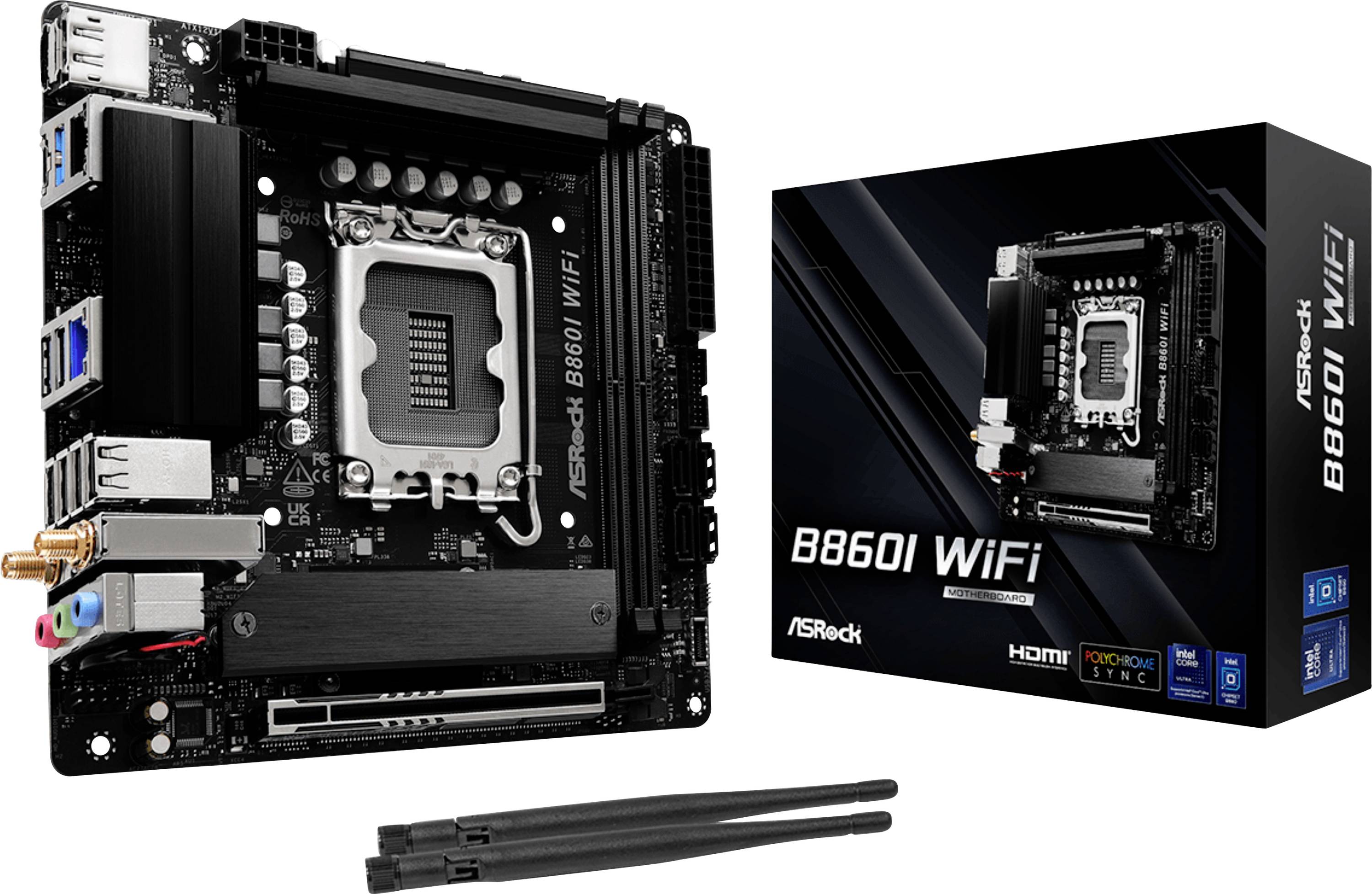'ASRock B660I WiFi' moederbord met een doos waarop functies zoals HDMI, Polychrome Sync en WiFi-mogelijkheden worden getoond.
