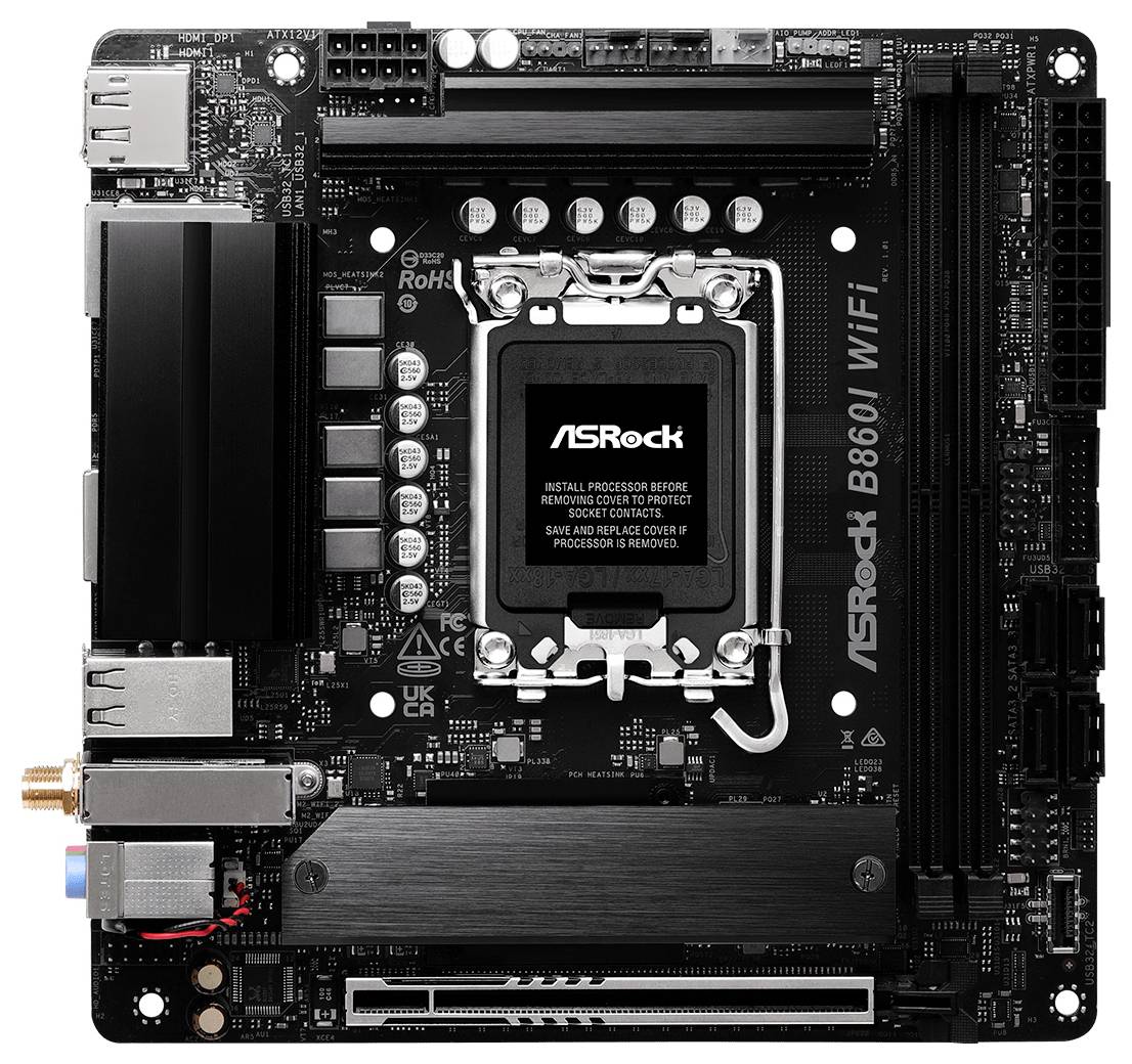 ASRock B660M WiFi moederbord, met CPU-socket, RAM-sleuven, PCIe-sleuf en WiFi-component. Ontworpen voor computerbuilds en hardwaremontage.