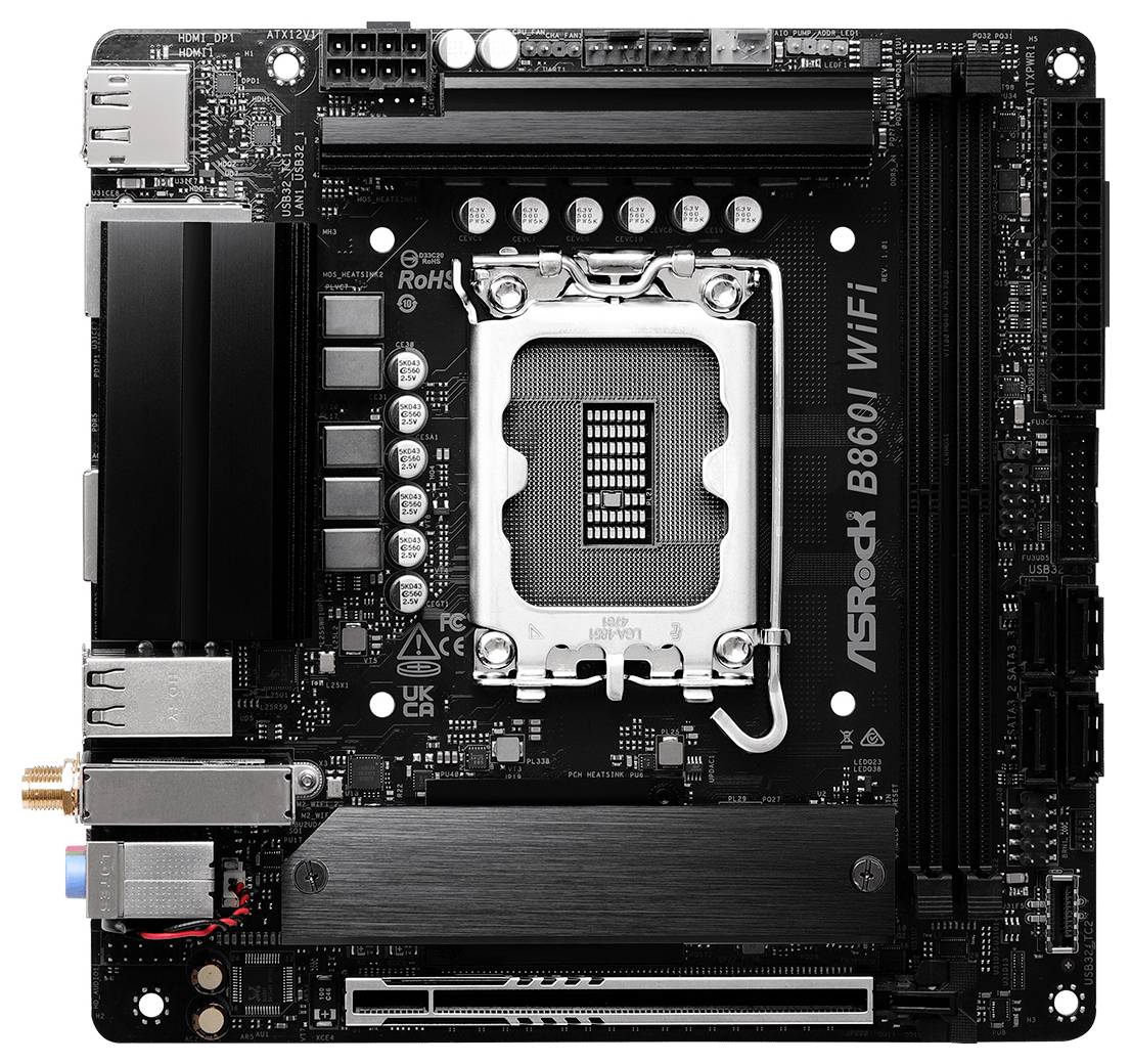 Een computermoederbord met een LGA-socket, een zwart printbord en zichtbare poorten. Er staat 'ASRock B660M WiFi' tekst op gedrukt.